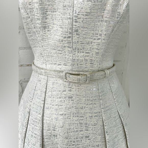 WHBM Silver, Metallic, Jacquard, Belted, Fit-and-Flare Cocktail Dress - Size 00 - Picture 5 of 16